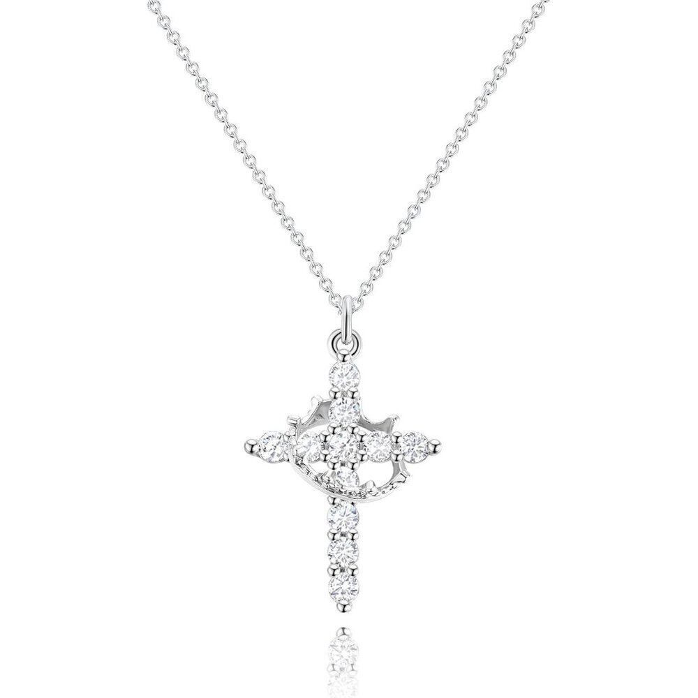 Perfect Gift Women Silver Crown Cross Necklace Gold Silver Plated Faith Jewelry - Picture 1 of 8